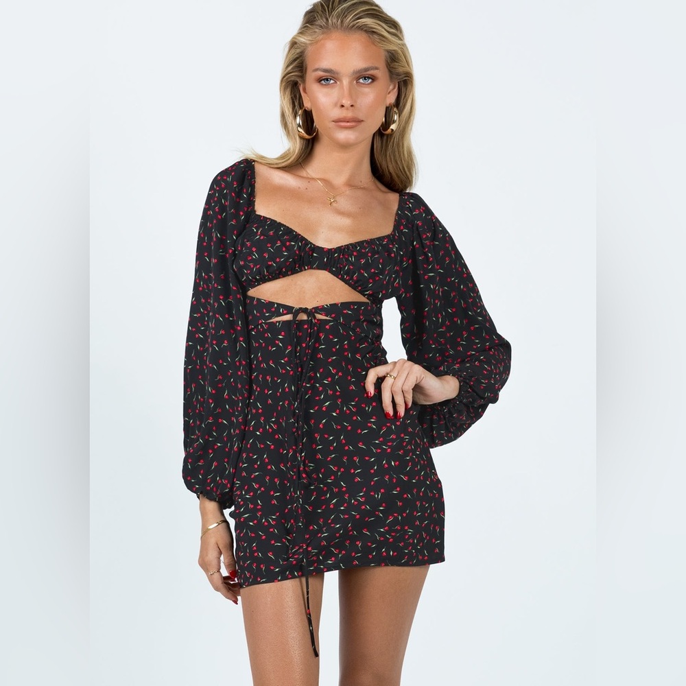 Princess Polly Black Dress With Red Floral Design View 2